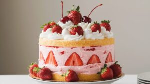 "Decorative strawberry shortcake ice cream cake with edible flowers and mint leaves."
