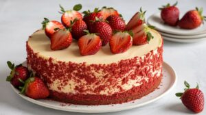 "Decadent red velvet cheesecake with creamy cheesecake filling and vibrant red velvet cake layers"

