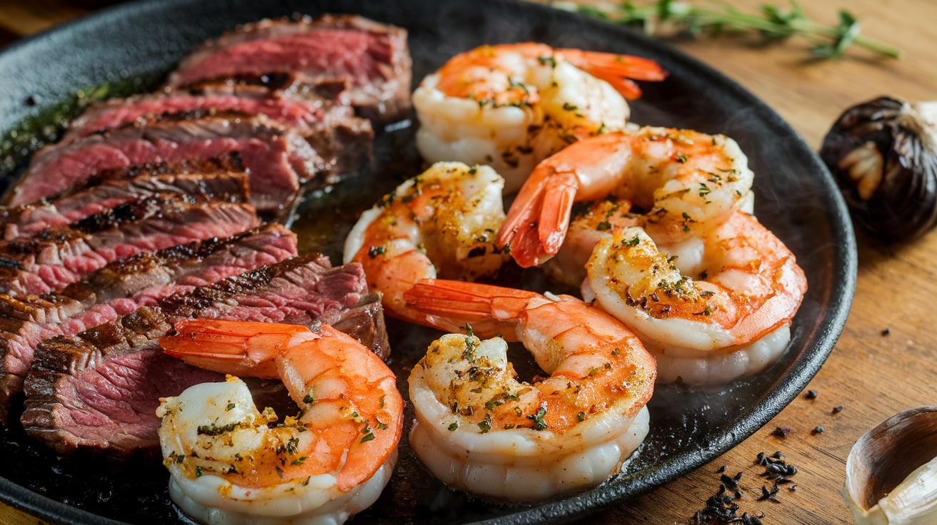 Sizzling garlic glazed steak and shrimp plated with fresh herbs and a garlic glaze drizzle