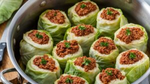 Savory stuffed cabbage rolls with a delicious filling of meat and rice, served with pickled vegetables and mashed potatoes on the side