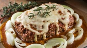 Crockpot French Onion Meatloaf with Melted Swiss Cheese served on a plate

