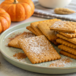 "Homemade spiced pumpkin graham crackers on a wooden board"