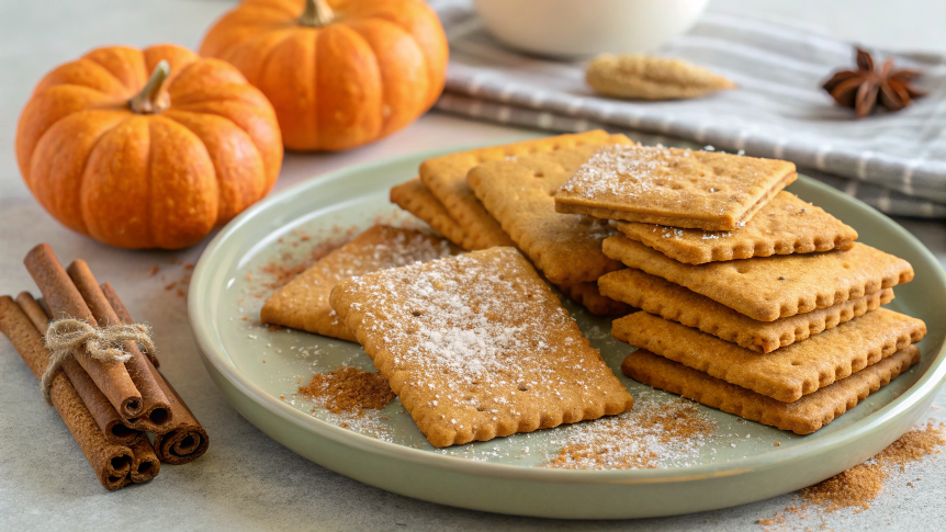 "Homemade spiced pumpkin graham crackers on a wooden board"