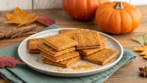 "Homemade spiced pumpkin graham crackers on a wooden board"
