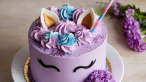 Magical Unicorn Purple Velvet Cake with vibrant frosting and unicorn-themed decorations

