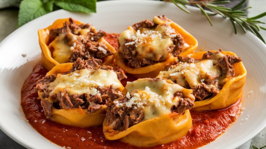 A creamy bowl of Cheesesteak Tortellini Delight featuring tender beef, colorful bell peppers, and cheese-filled tortellini.