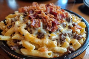 Loaded Bacon Cheeseburger Alfredo Pasta with crispy bacon, ground beef, and creamy Alfredo sauce, served in a bowl.

