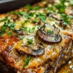 Mushroom Swiss Cheese Meatloaf with melted cheese and mushrooms on a cutting board