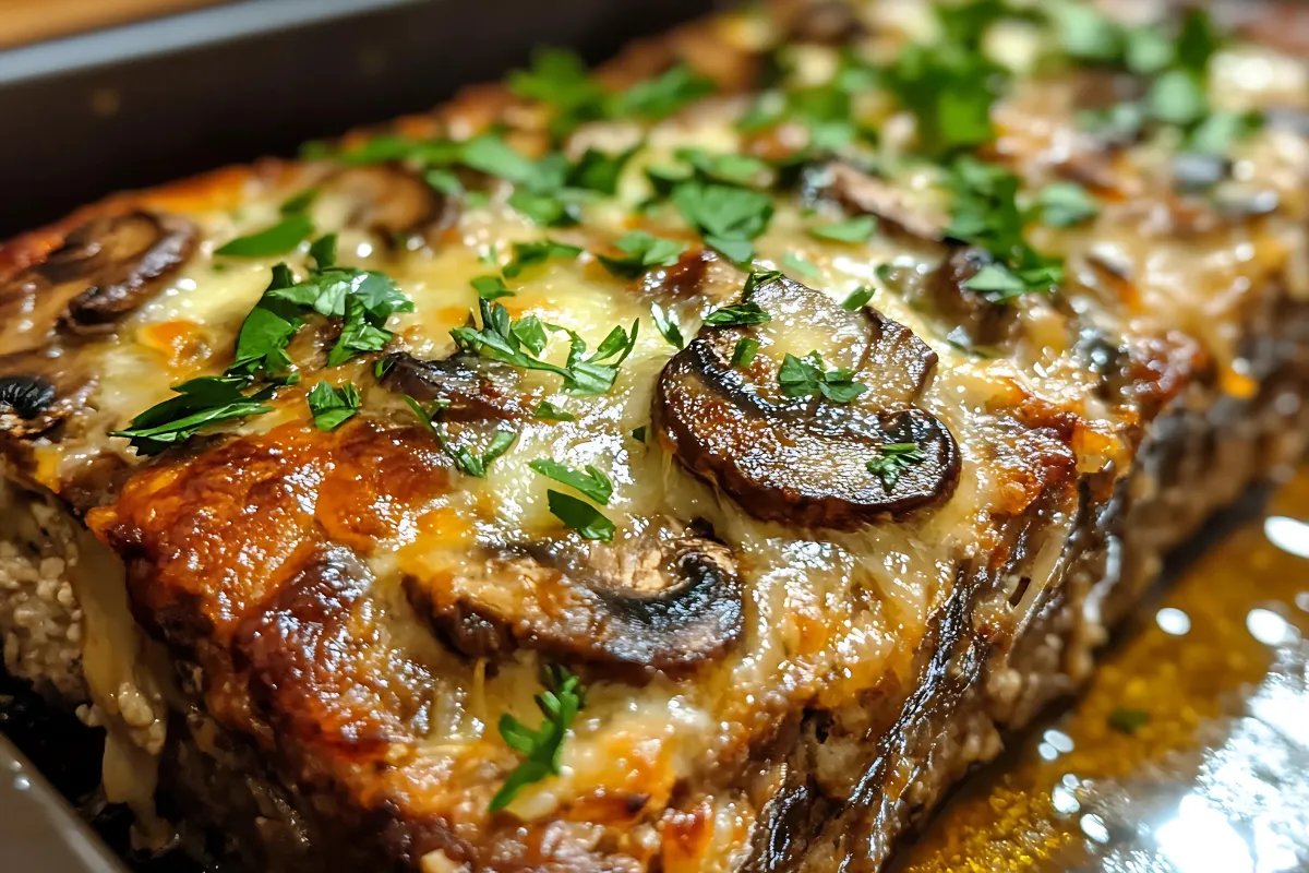 Mushroom Swiss Cheese Meatloaf with melted cheese and mushrooms on a cutting board