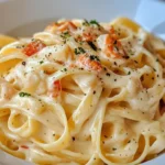 A plate of Crab Fettuccine Alfredo with creamy sauce and tender crab meat served with fresh parsley garnish.