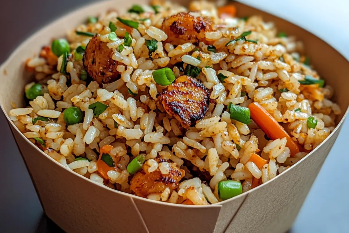 A bowl of homemade Popeyes Copycat Cajun Rice with seasoned ground beef, rice, and Cajun spices, garnished with green onions.