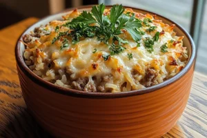 French onion ground beef and rice casserole topped with melted cheese and served on a plate, showcasing a hearty comfort food dish.

