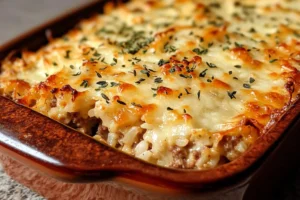 French onion ground beef and rice casserole topped with melted cheese and served on a plate, showcasing a hearty comfort food dish.

