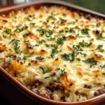 French Onion Ground Beef and Rice Casserole 7 iymarecipes French onion ground beef and rice casserole topped with melted cheese and served on a plate, showcasing a hearty comfort food dish.