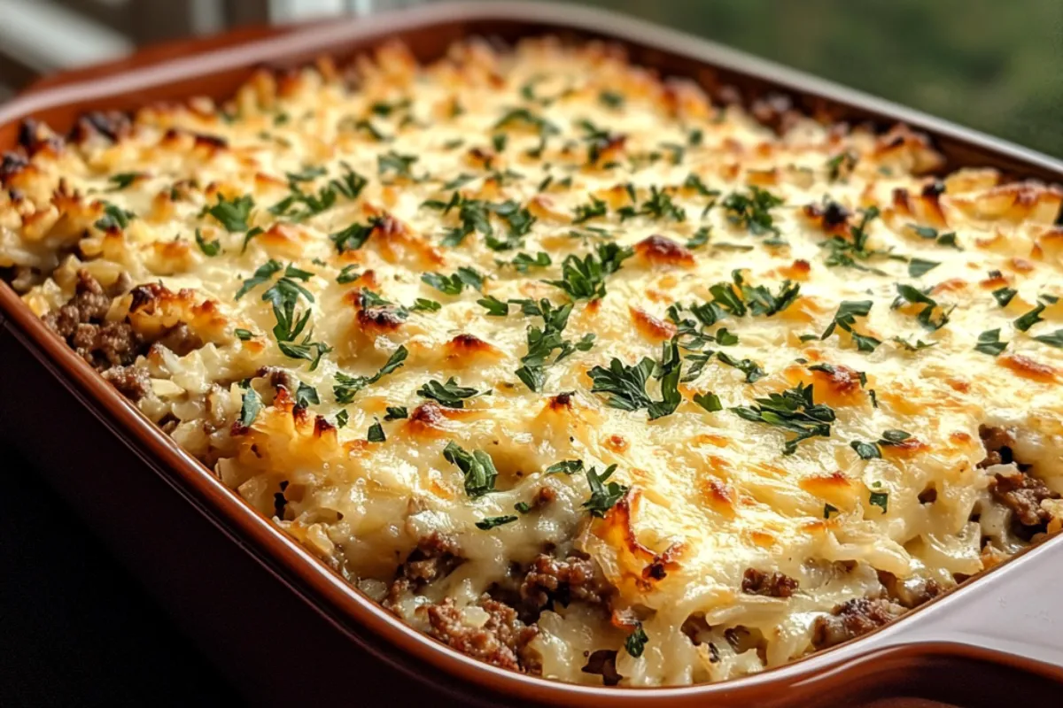 French onion ground beef and rice casserole topped with melted cheese and served on a plate, showcasing a hearty comfort food dish.