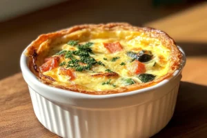 Impossible Quiche in a baking dish with a self-forming crust and delicious filling of cheese, vegetables, and eggs. Perfect for brunch or dinner.

