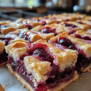 Cherry Pie Bars 4  Homemade Cherry Pie Bars with a buttery crust and sweet cherry filling, sliced into squares, served on a dessert platter.