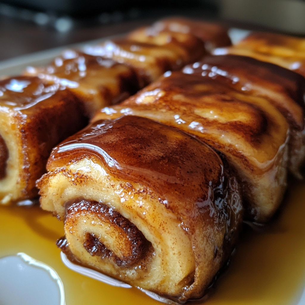 Golden brown cinnamon roll French toast roll-ups with crispy exterior and gooey cinnamon-sugar filling.