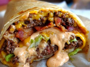Huge Bacon Cheeseburger Burrito with Bacon & Creamy Cheese Sauce 5 Huge bacon cheeseburger burrito with crispy bacon and creamy cheese sauce wrapped in a soft tortilla.