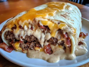 Huge Bacon Cheeseburger Burrito with Bacon & Creamy Cheese Sauce 6 Huge bacon cheeseburger burrito with crispy bacon and creamy cheese sauce wrapped in a soft tortilla.