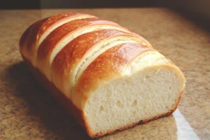 Freshly baked lemon cream cheese bread with a golden crust and creamy swirls, sliced on a wooden board.