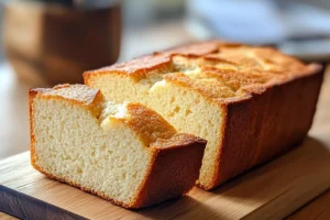 Freshly baked lemon cream cheese bread with a golden crust and creamy swirls, sliced on a wooden board.