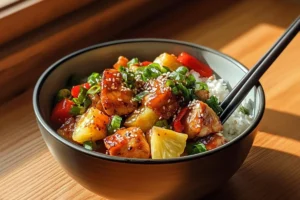 Teriyaki Chicken and Pineapple Foil Packets on the grill with vegetables and sauce, ready to serve.


