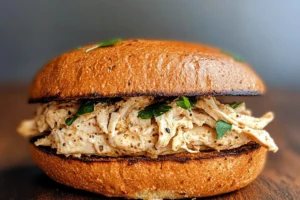 Crock Pot Ranch Chicken Sandwiches on a toasted bun, topped with creamy ranch sauce and shredded cheese. Perfect comfort food recipe.

