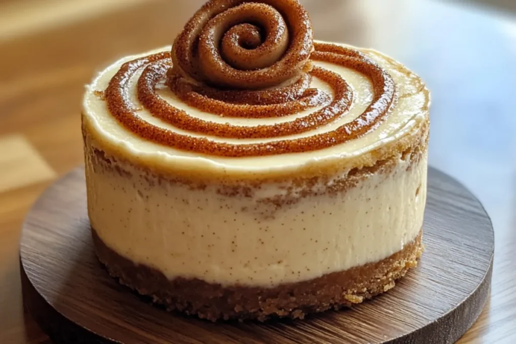 Cinnamon Roll Honeybun Cheesecake with cinnamon swirl and honeybun glaze on top