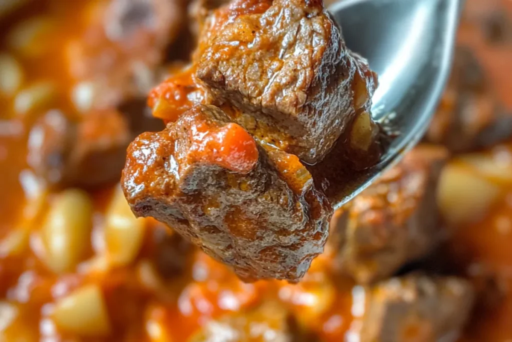 Old Fashioned Goulash in a skillet with elbow macaroni, ground beef, and tomato sauce, ready to serve.