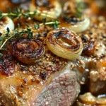 Rôti de porc cuit avec des oignons caramélisés et des herbes fraîches de thym.