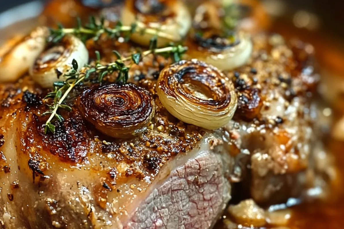 Rôti de porc cuit avec des oignons caramélisés et des herbes fraîches de thym.