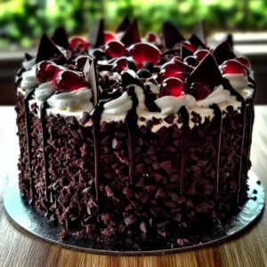 A beautifully decorated Luxurious Black Forest Cake with layers of chocolate sponge, whipped cream, and cherry topping.

