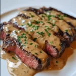 Steak with Haunted Bourbon Garlic Cream Sauce 7 iymarecipes Juicy steak topped with a rich, creamy bourbon garlic sauce, garnished with fresh herbs, served on a rustic wooden plate.