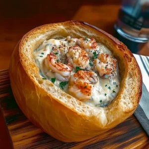 Stuffed Seafood Bread Bowl 5 Stuffed seafood bread bowl with creamy seafood filling and melted cheese.