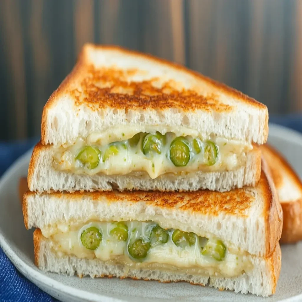 Dill pickle grilled cheese sandwich with melted cheese and crispy bread.