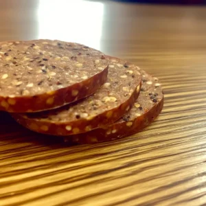 Pepper Jack Summer Sausage 6 Sliced Jalapeño and Pepper Jack Summer Sausage served on a charcuterie board with crackers and cheese.