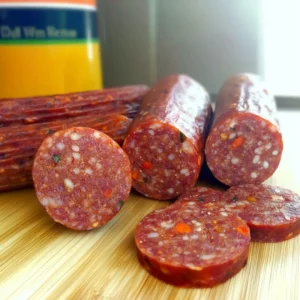 Pepper Jack Summer Sausage 5 Sliced Jalapeño and Pepper Jack Summer Sausage served on a charcuterie board with crackers and cheese.