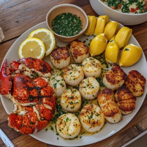 Garlic butter lobster and scallops served with fresh herbs and lemon for garnish.
