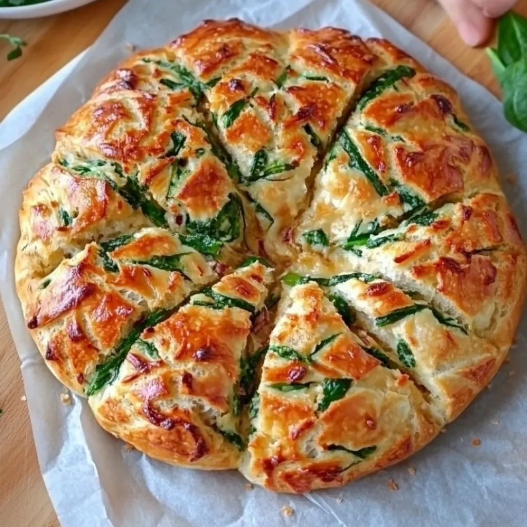 Spinach Artichoke Dip Pull-Apart Christmas Bread shaped like a Christmas tree, perfect for holiday gatherings and parties.