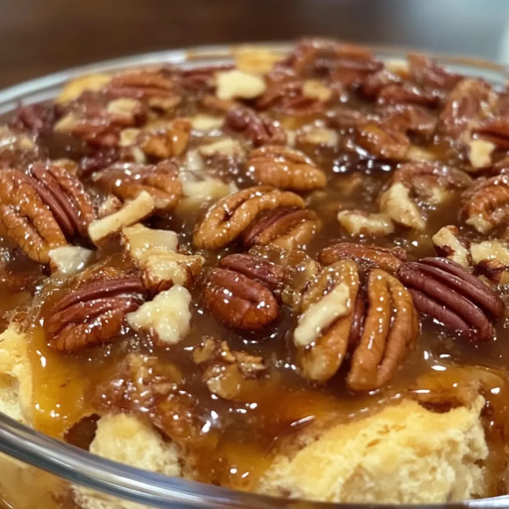 Delicious pecan pie bread pudding served with whipped cream, showcasing the rich texture of custard and crunchy pecans.