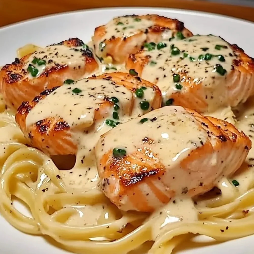 A plate of creamy garlic butter salmon pasta garnished with fresh parsley and Parmesan cheese.