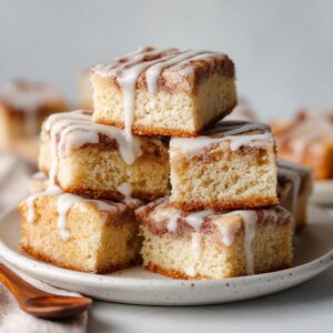 Freshly baked cinnamon roll bliss bars swirled with cinnamon sugar and drizzled with cream cheese glaze, cut into squares on a wooden board.