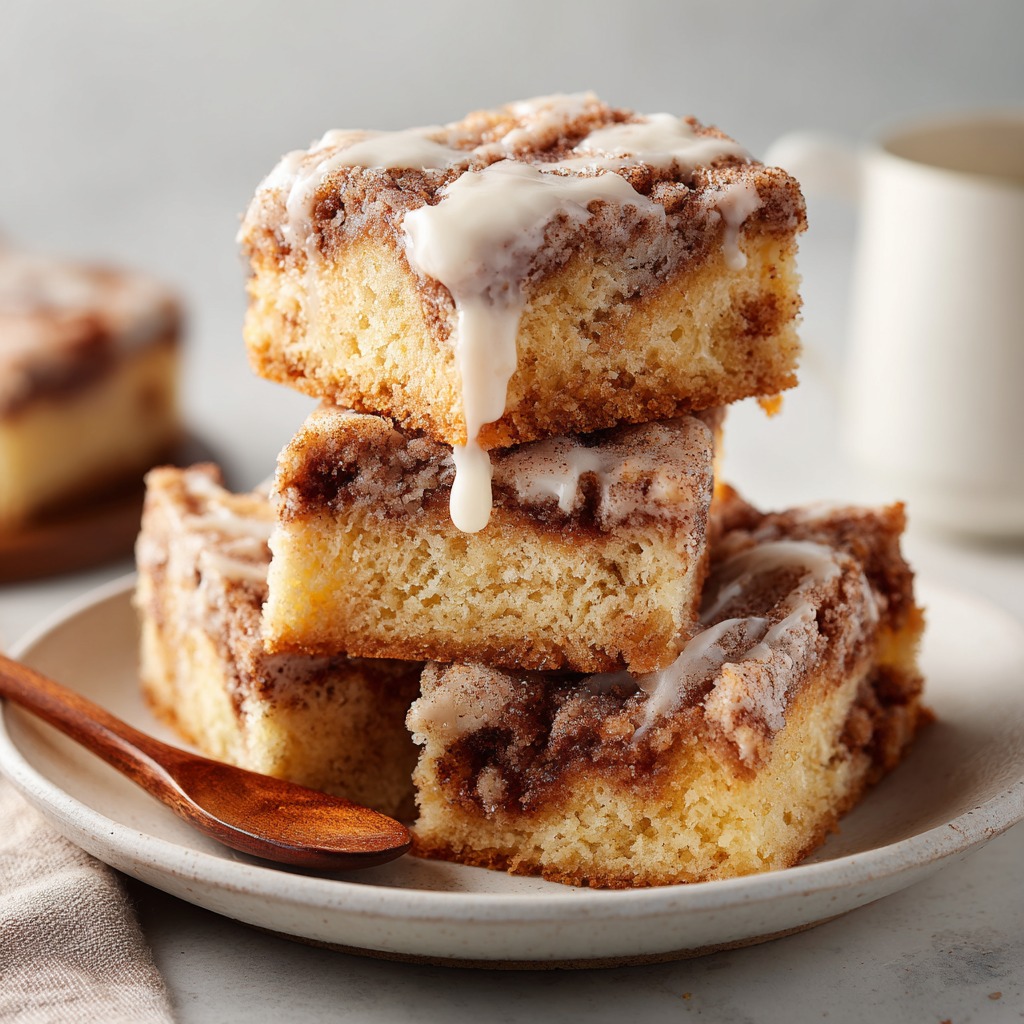 Freshly baked cinnamon roll bliss bars swirled with cinnamon sugar and drizzled with cream cheese glaze, cut into squares on a wooden board.