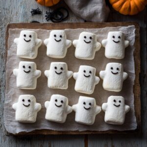 Homemade Ghostbusters Stay Puft Marshmallows decorated with cute faces and mini hats, perfect for Halloween treats