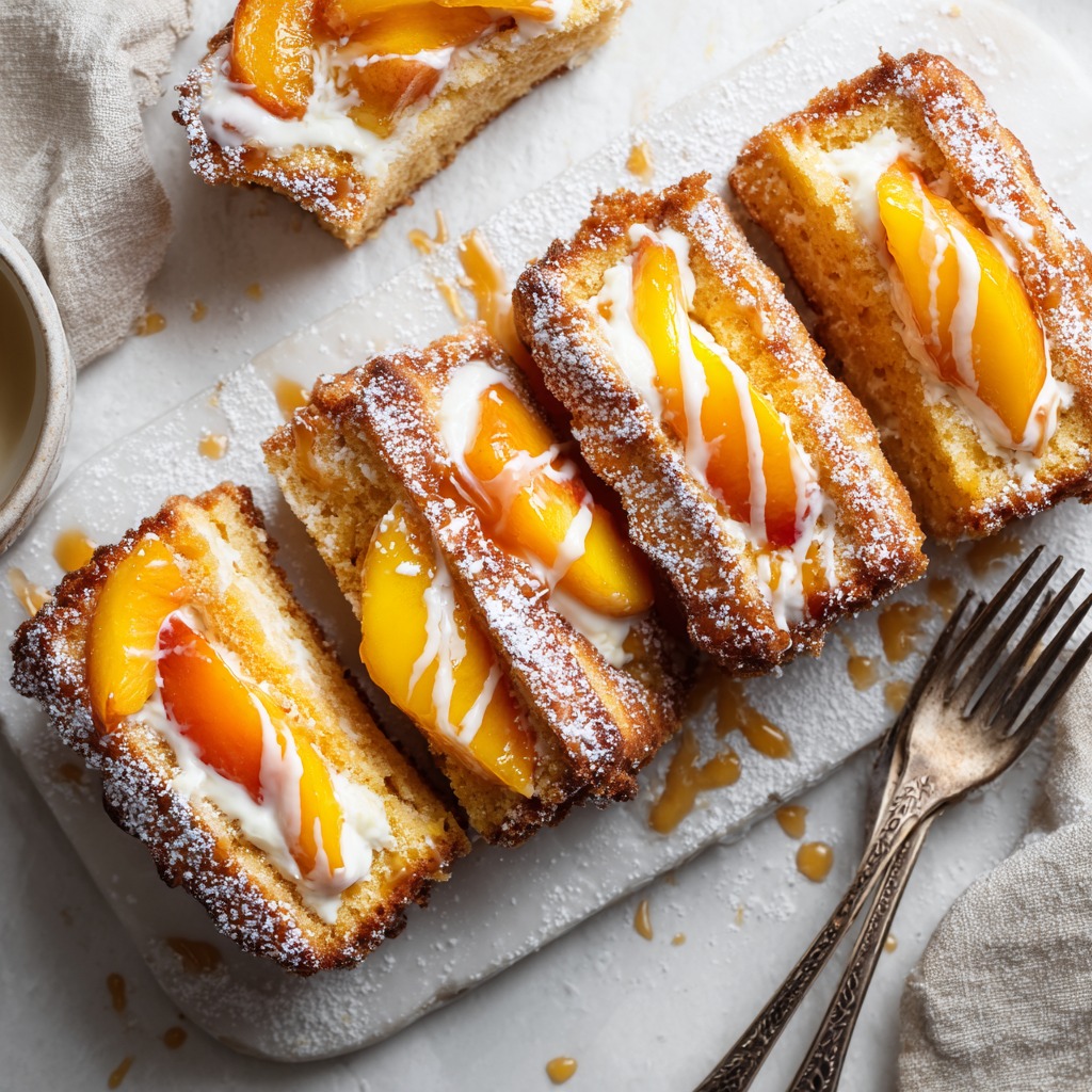 Homemade peach cobbler pound cake Twinkies filled with cream and peach filling on a white plate
