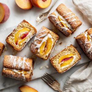 Homemade peach cobbler pound cake Twinkies filled with cream and peach filling on a white plate