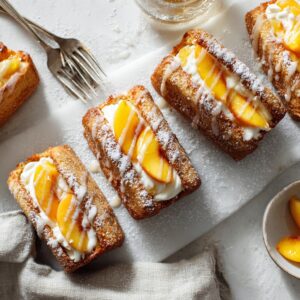 Homemade peach cobbler pound cake Twinkies filled with cream and peach filling on a white plate