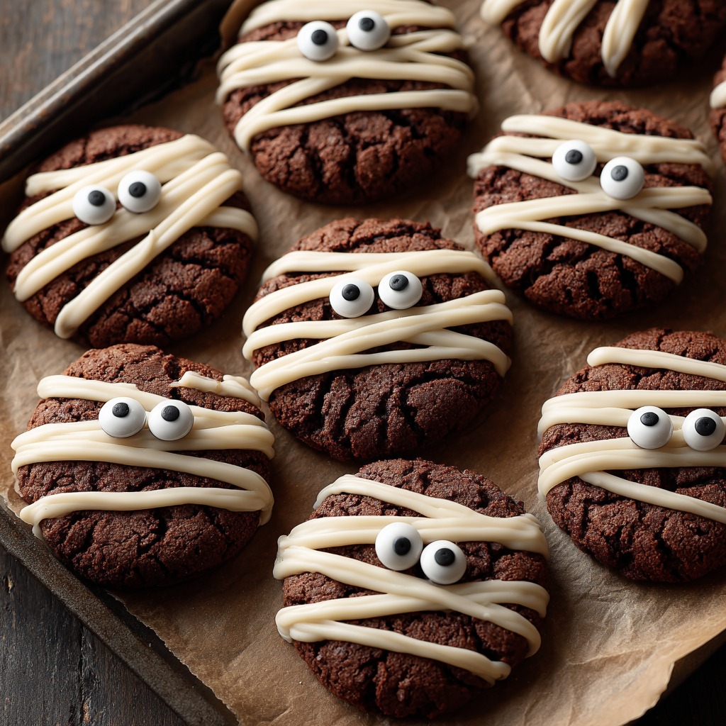 Halloween Mummy Cookies decorated with white chocolate bandages and candy eyes on a parchment-lined tray