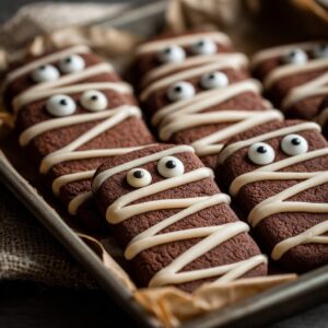 Halloween Mummy Cookies decorated with white chocolate bandages and candy eyes on a parchment-lined tray